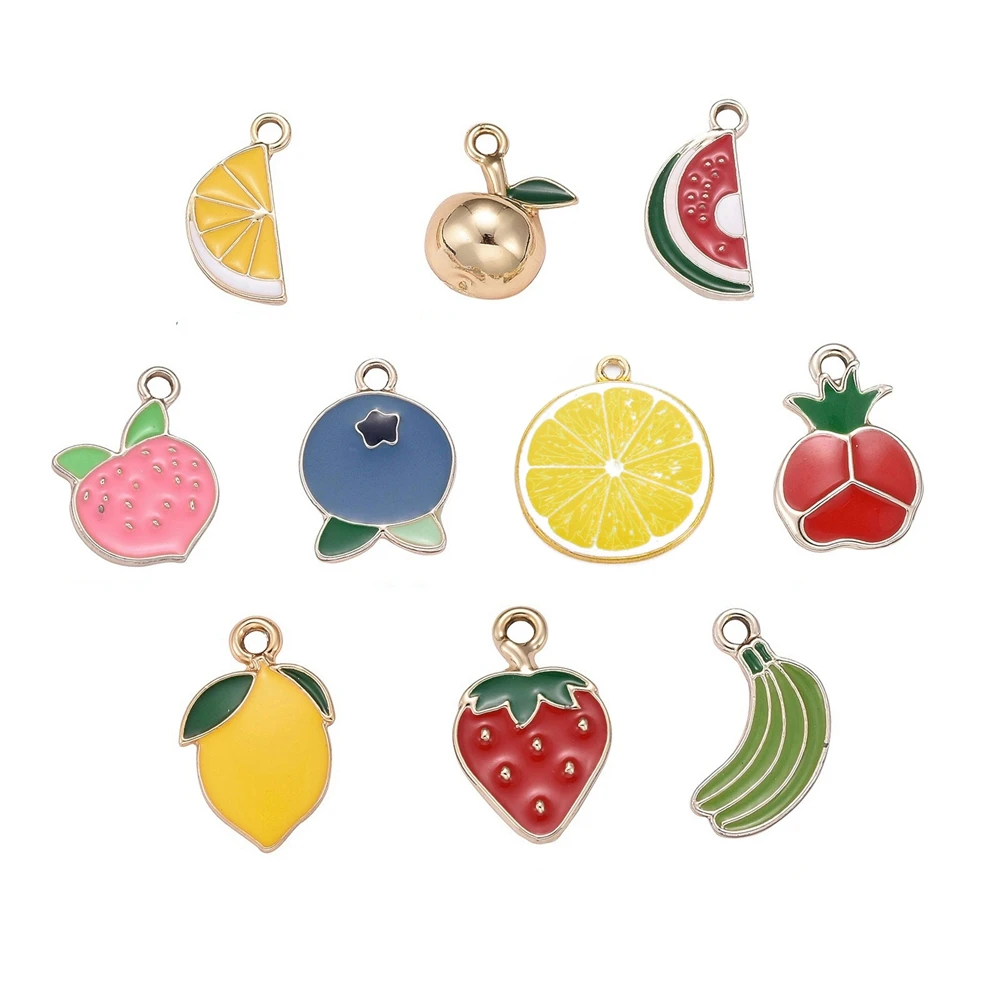 40Pcs Fruit Theme Light Gold Plated Alloy Enamel Pendants Lemon Orange Peach Blueberry Watermelon Pomegranate Strawberry