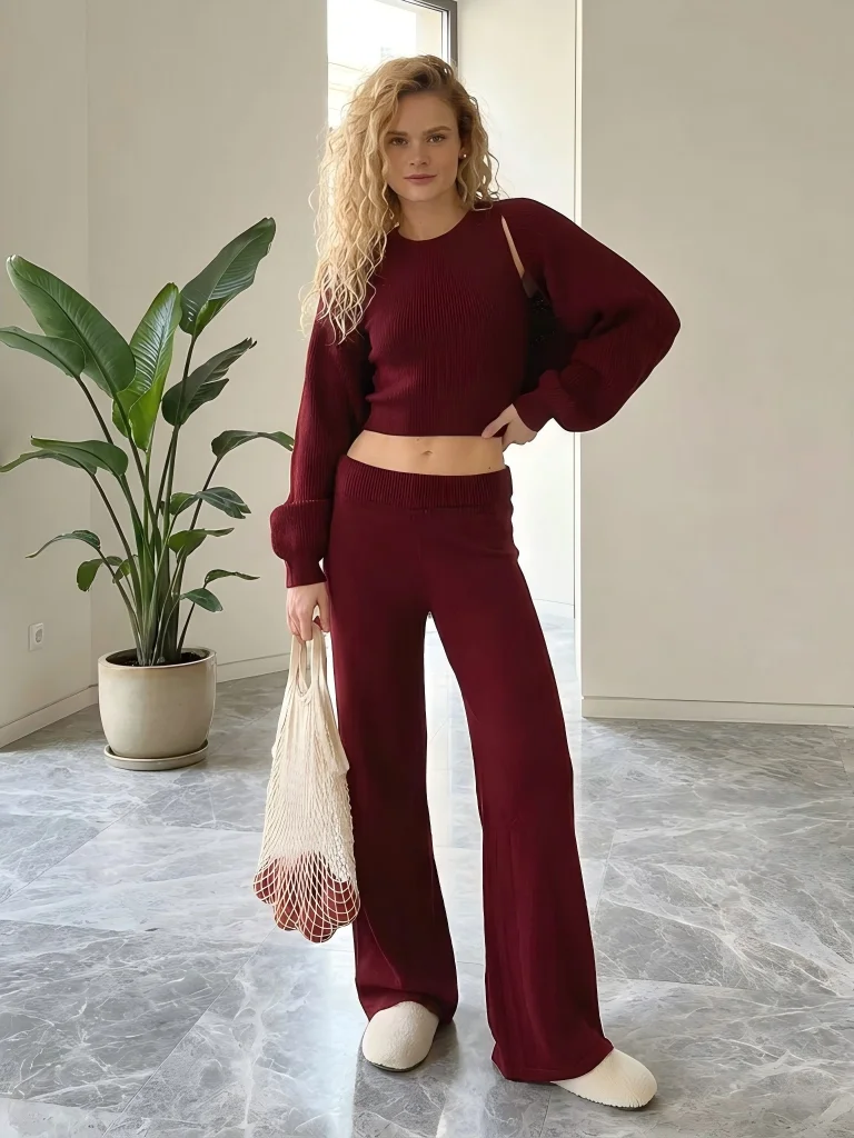 Wolfeel Women's Knitted Three Piece Ribbed Sleeveless Crop Top Long Sleeved and Long Pants Set Suitable for Casual Daily Wear