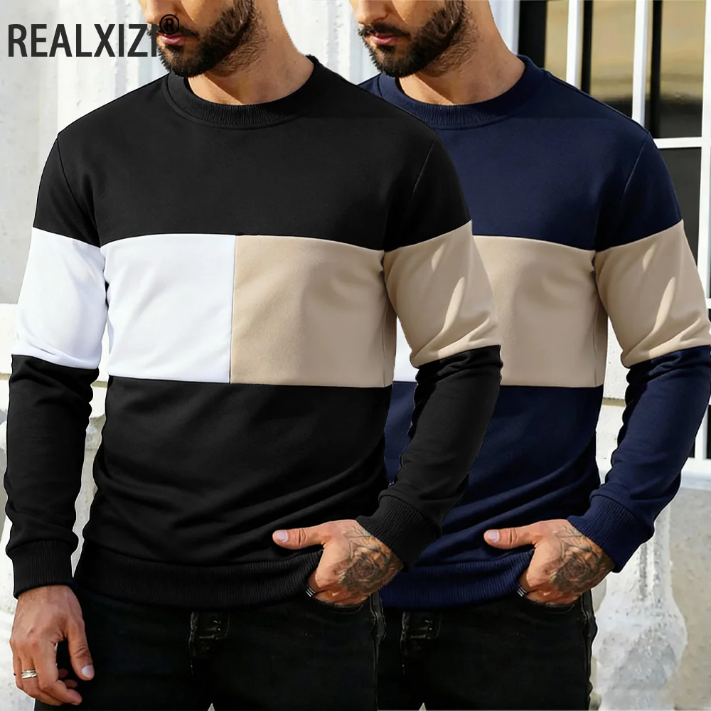 

Мужской осенний вязаный пуловер с длинными рукавами в стиле пэчворк, теплый свитер с круглым вырезом, мужской уличный повседневный свободный свитшот, уличная спортивная одежда
