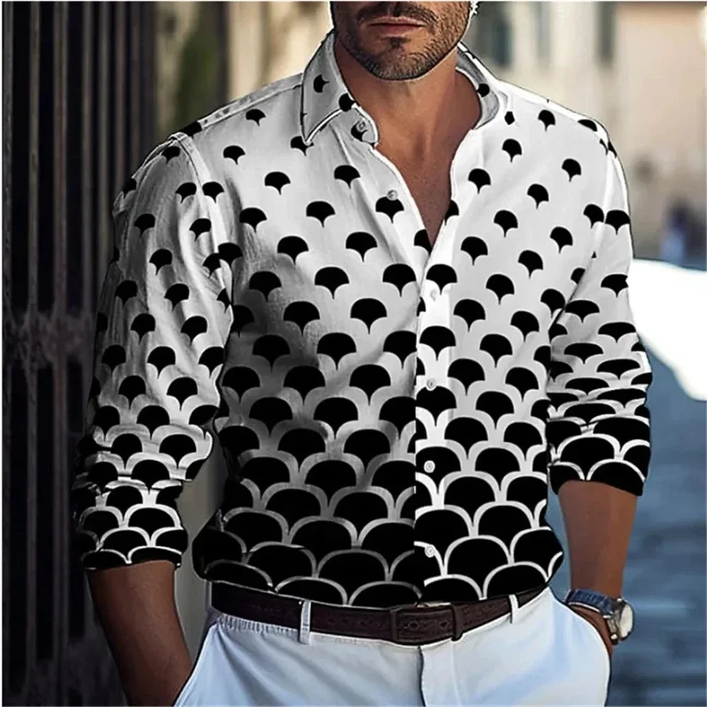 2024 Men\'s Long sleeved Shirt Black and White Spot Printed Fashion Shirt Party High Quality Trendy Top