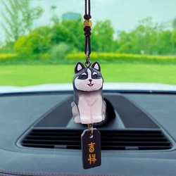 Original Wood Carving Style Resin Husky Schnauzer Dog Car Rearview Mirror Pendant Adjustable Knots Car Accessories Pendant Gifts