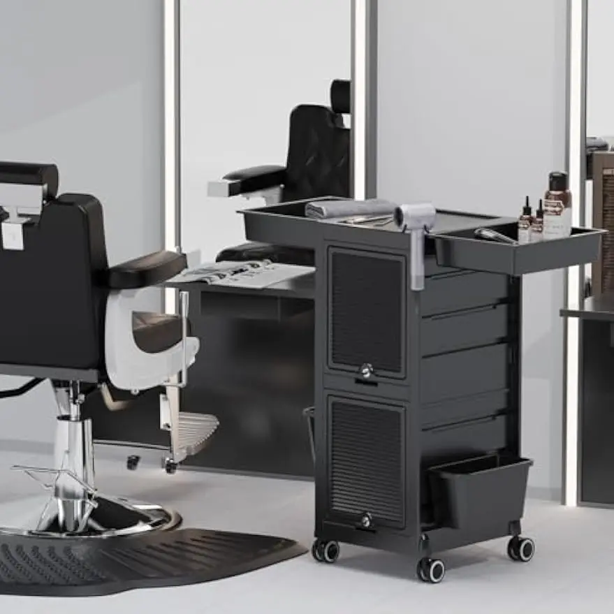 Salon Trolley Cart Hair Stylist Station Lockable Doors Rolling Hair Cart Organizer Drawers Bucket Dryer Holder Barber Shop Haird