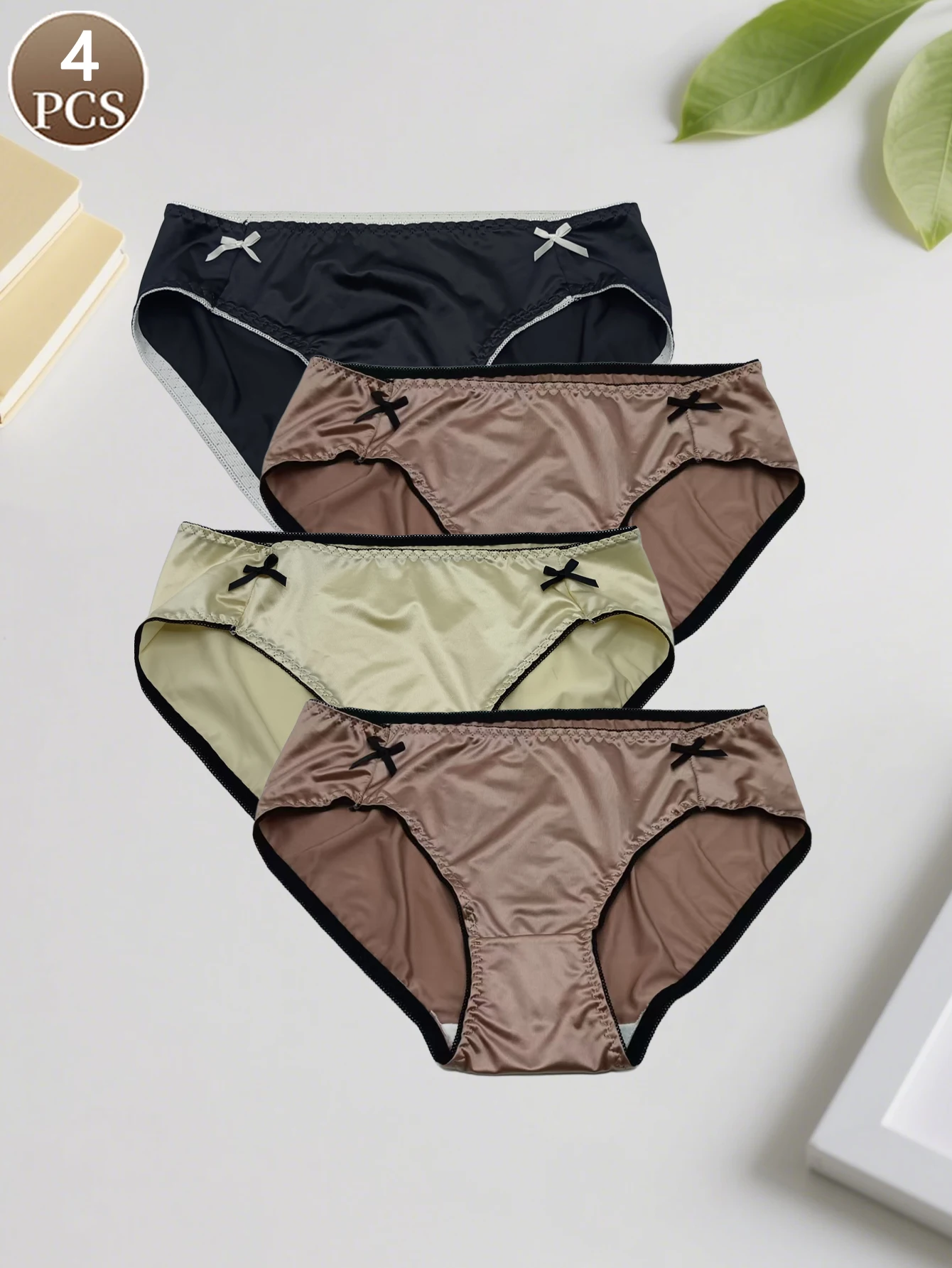 

4 шт., женское нижнее белье с бантом, вязаное однотонное повседневное женское нижнее белье со средней талией, мягкие и удобные женские треугольные брюки