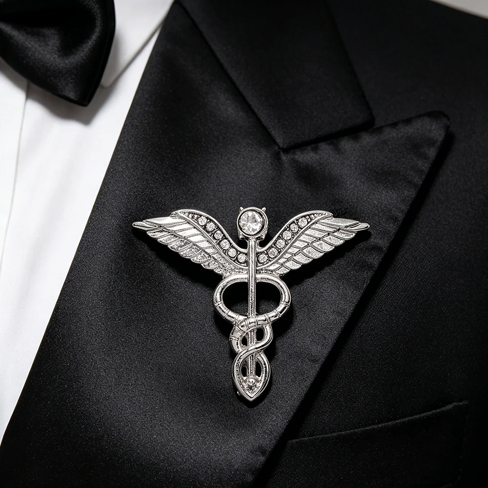 Large 3.2CM Caduceus Brooch Pin Lapel Badge Men\'s Rod of Asclepius Emergency Crystal Medical Staff Badge