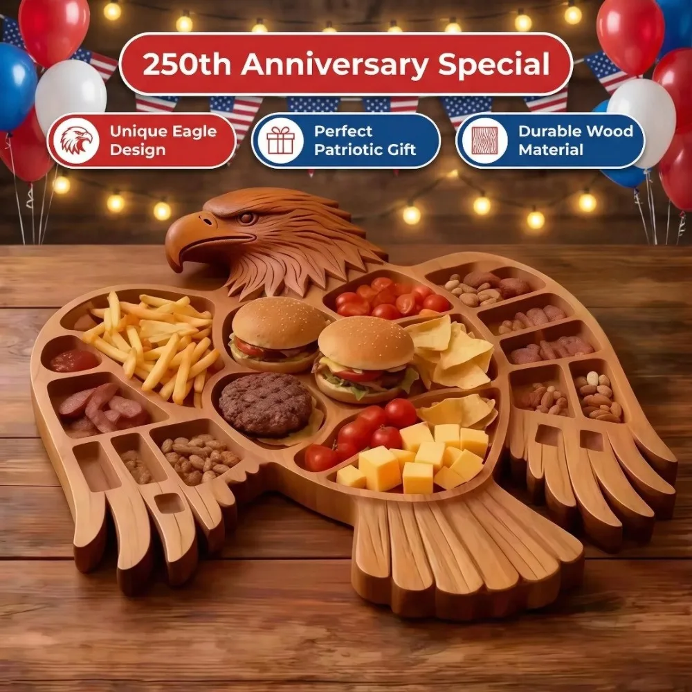 

250th Anniversary Creative Wooden Patriotic Eagle Platter Fruit Snack Tray Home Party Cooked Food Display Plate Breakfast Tray