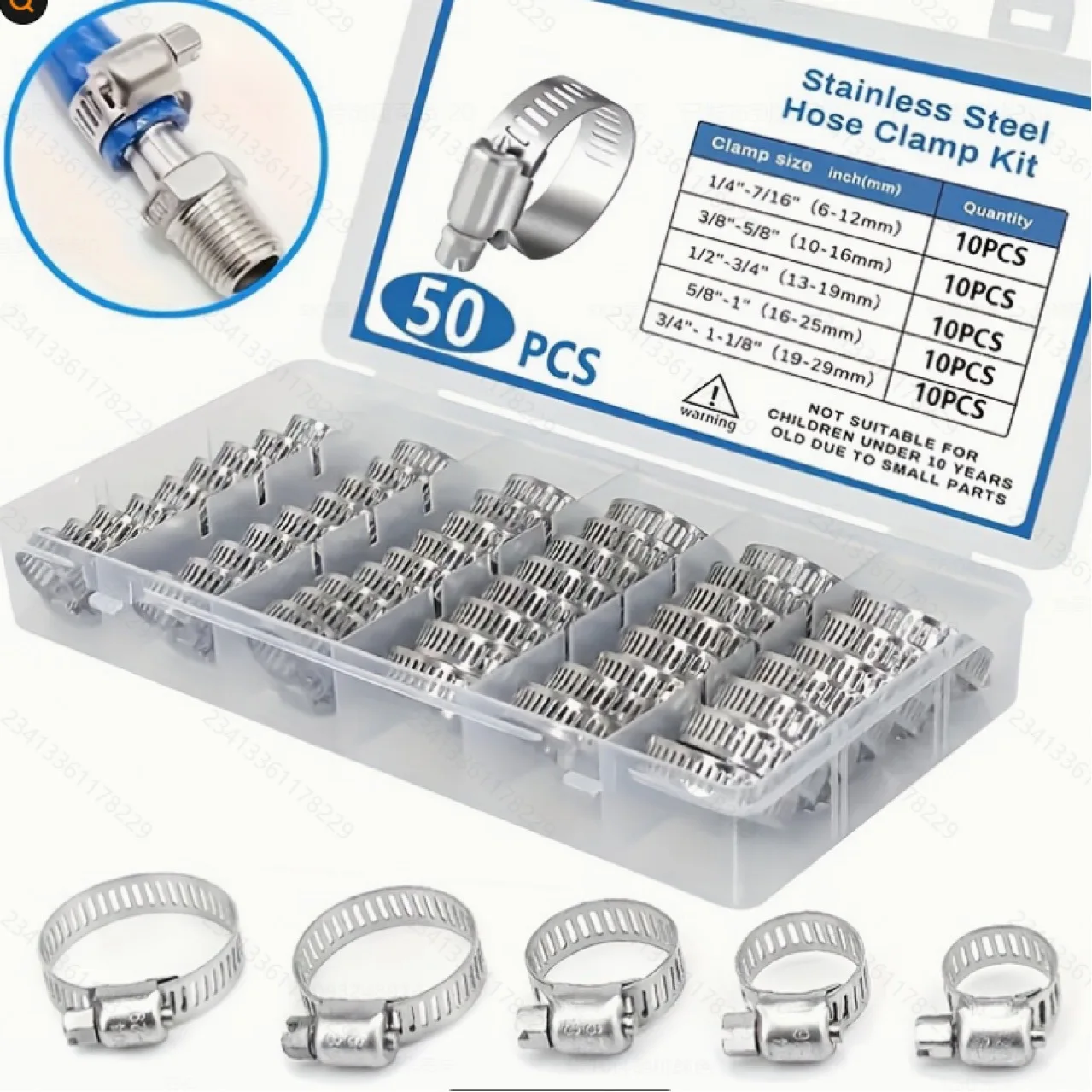50pcs Clamps Set Stainless Steel Adjustable Worm Gear Screw Band Hose Clamp for Pipe Fuel Tube Faucet Fasteners Assortment Kit