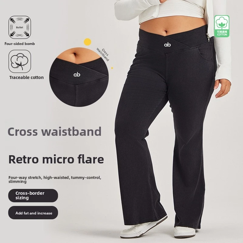 Plus Size Women Cross Waist Wide Leg Denim Jeans High Waist Stretch Loose Slim Pockets European‑American Casual Fitness Pants