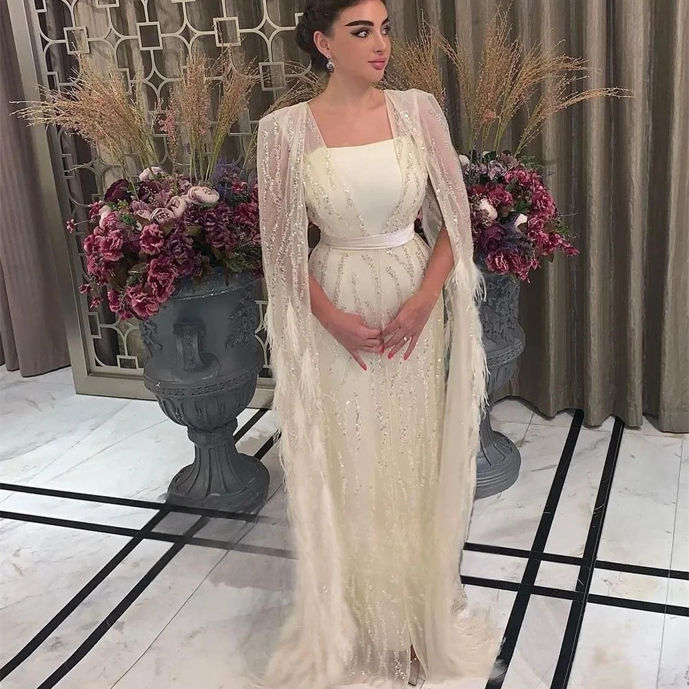 Contessa Dubai Weiße Pailletten Federn Hochzeitskleid Schal Zweiteiliges Set Vestidos de Noche Trägerlos فسات Cosa •agemة Maßgeschneidert 2025