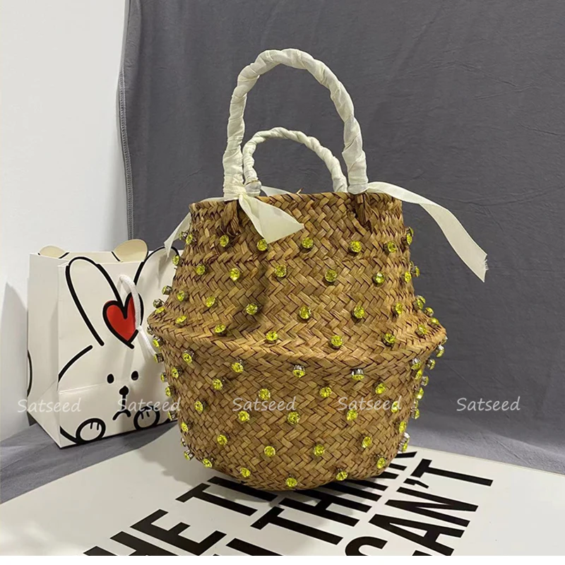 Diamonds Shine Summer Handmade Bags for Women Beach Weaving Ladies Straw Bag Wrapped Top Handle Handbags Totes Purses Luxury