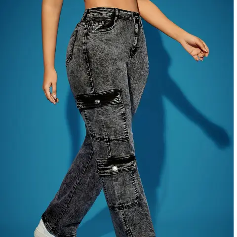 Women's Black-Gray Jeans Multi-Pocket Decorative Stretch Denim Trousers Sizes XS-XXL, New 2026