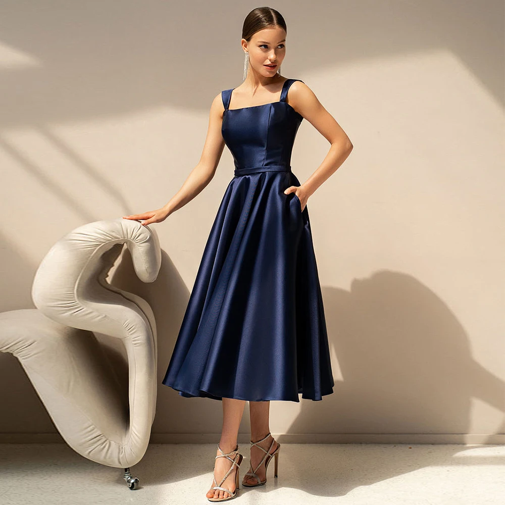 

Midi Bridesmaid Dress with Pockets Navy Blue Satin Bridesmaid Gown for Weddings A Line Square Collar Simple Women's Party Dress