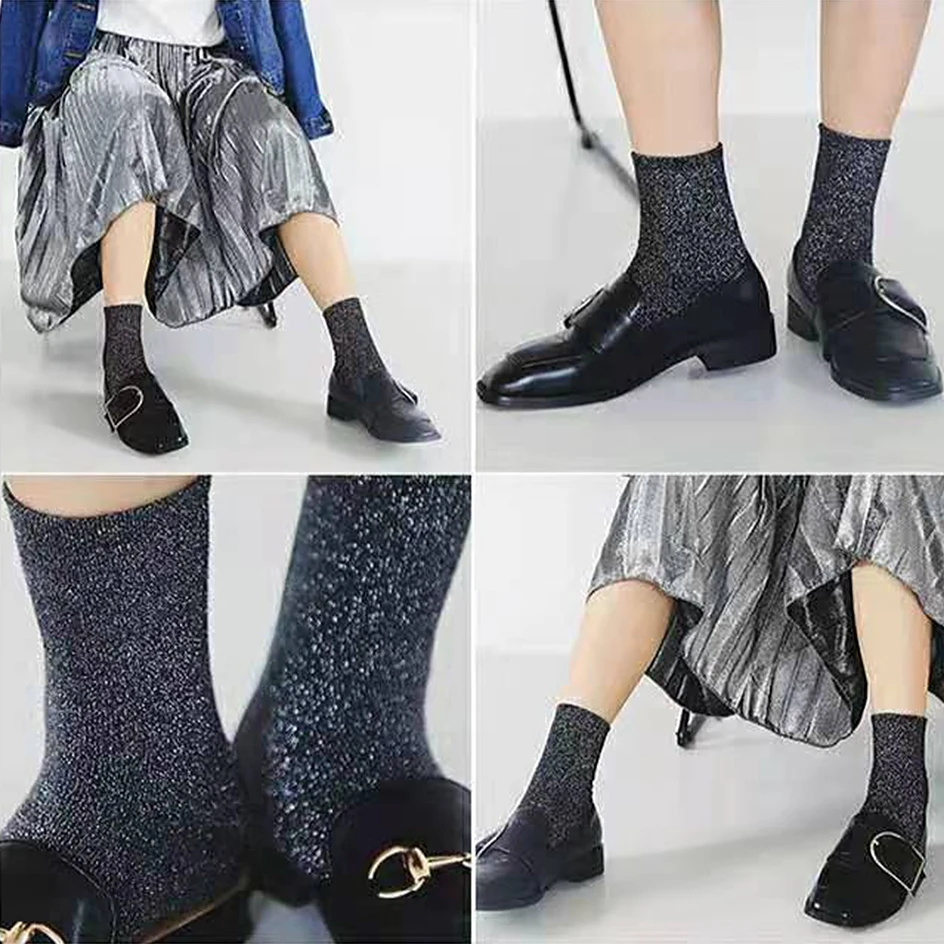 Harajuku Filigree Socks Women Vintage Glitter Stockings Fashion Streetwear Bright Silk Loose Socks Mid-calf Shiny Cotton Socks