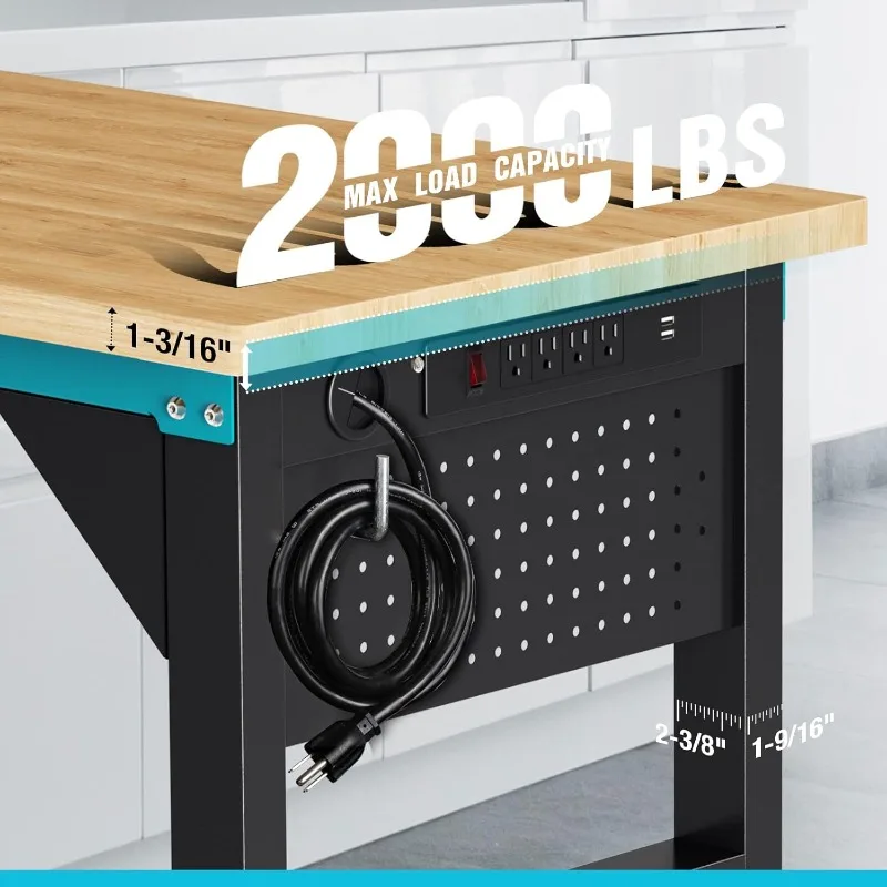72” Adjustable Workbench, Heavy-Duty Rubber Wooden Top Worktable with a Drawer, 6ft Workstation with Power Strip, Peg Board
