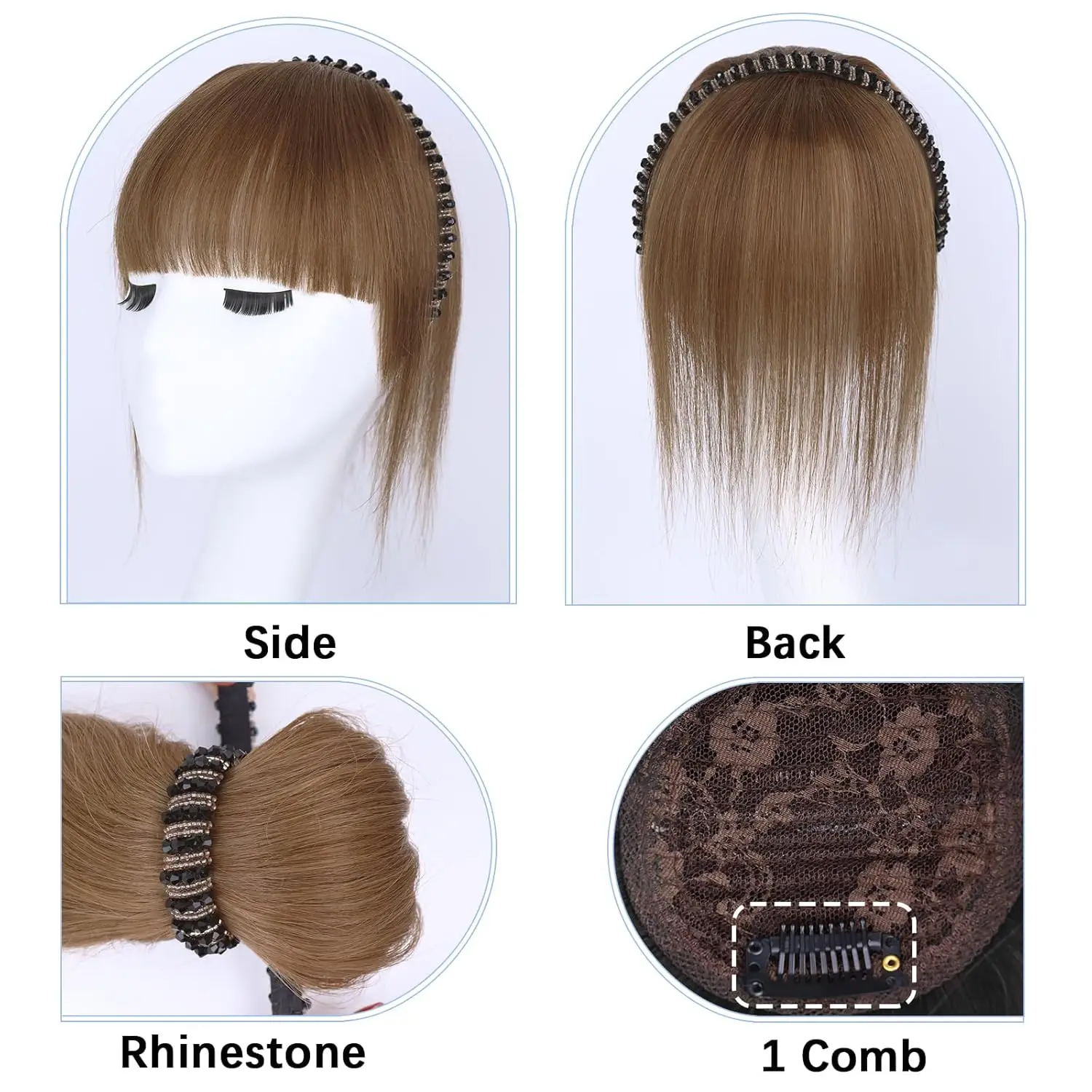أغطية شعر بشري مع شريط من حجر الراين للنساء، مشبك في غرة مع شريط شعر مستقيم لتخفيف الشعر