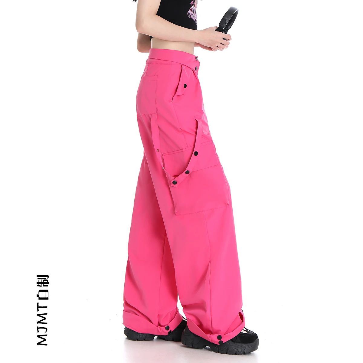 MJMT Pink American Street Style Work Pants Women's Loose Casual Trousers Multi-Pocket Flip-Cover Waist Head 2023 New Arrival