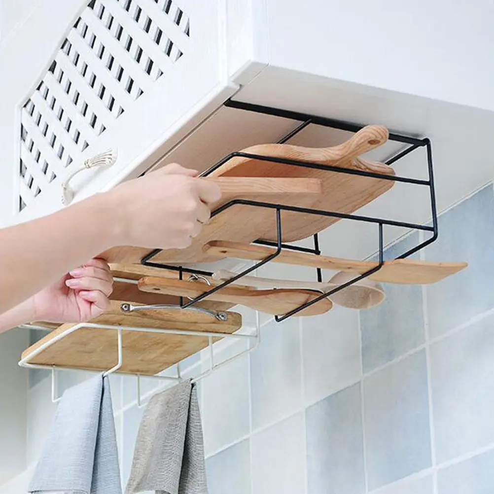 

Настенный держатель для разделочных досок на кухню, черный, из железа, для дверцы шкафа, органайзер для досок и полотенец до толщины 23 см, для шкафа