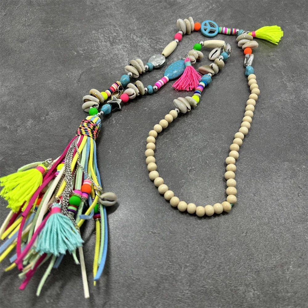 3 Color Leather Fringe Statement Necklace Coin Charms Jewelry Wood Bead Tribal Boho Gypsy Necklace