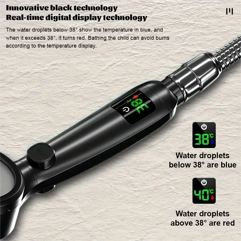 High Pressure Shower Head LED Temperature Display Shower Heads 4 Modes Water Saving Adjustable One-Key Stop Bathroom Sprayer