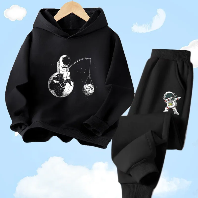 Boys and girls long-sleeved Funny Astronaut Cartoon Sports Hoodie set Kids fashion printed Hoody Sweatshirt Sportswear+Pants Set