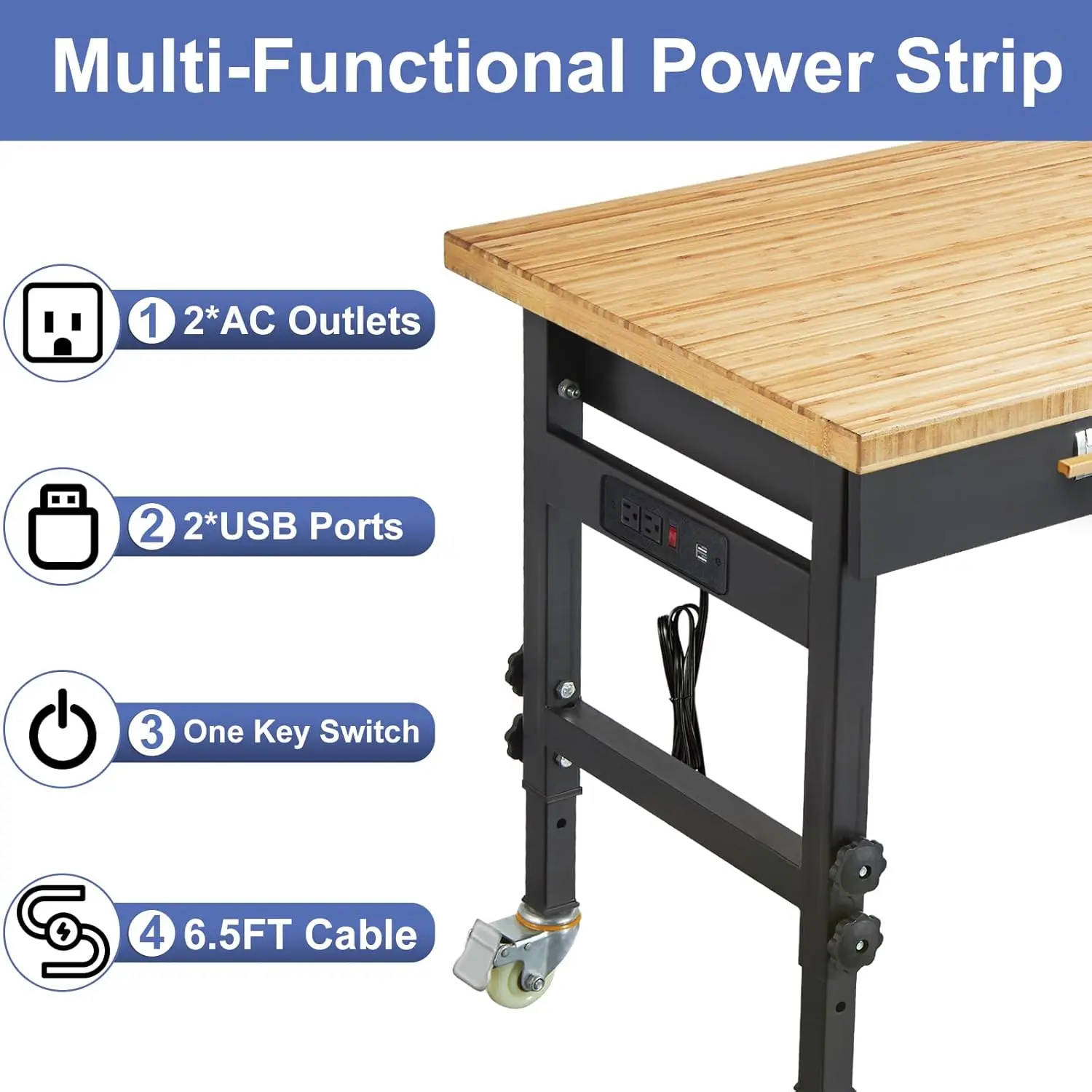 60” Adjustable Workbench, Heavy Duty Bamboo Workbench Garage Work Table, 2700 LBS Load Garage Work Bench