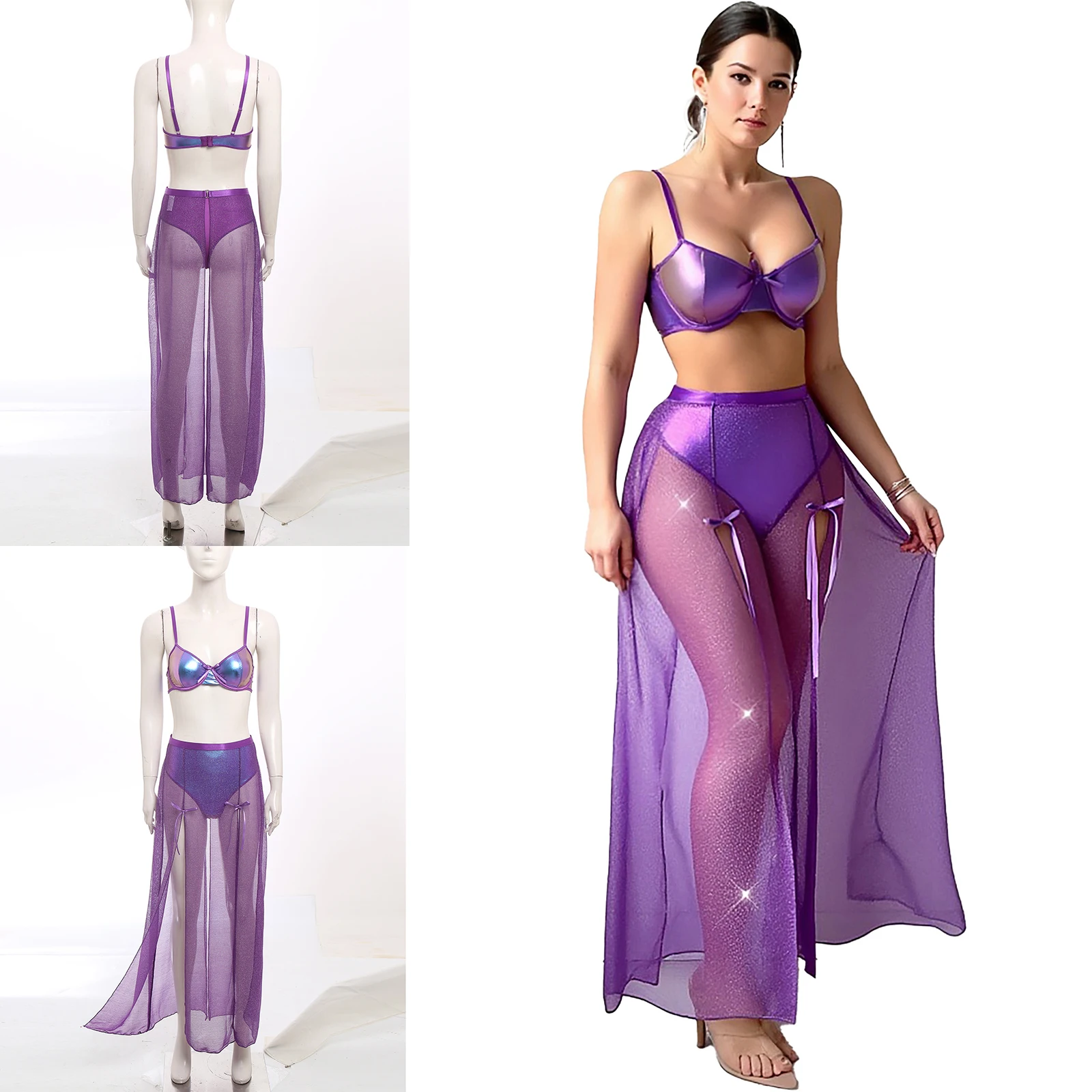 Conjunto de danza del vientre brillante para mujer, Top corto con sujetador con aros y falda larga con abertura larga, traje de espectáculo de danza moderna de dos piezas