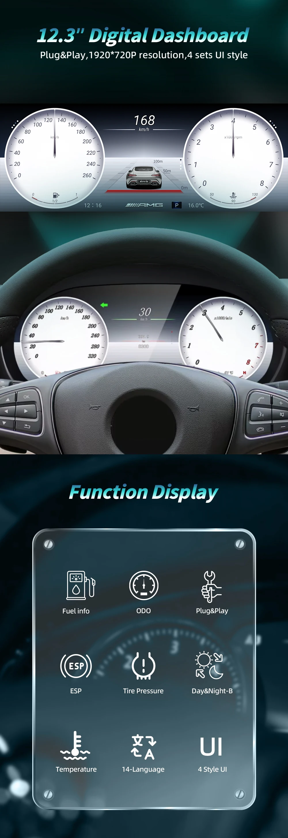 BONROAD Linux 12.3'' 1920*720P Dashboard Digital Instrument Cluster Speedometer Display For Benz A Class W176 GLA X156 CLA X117 – Detail 1