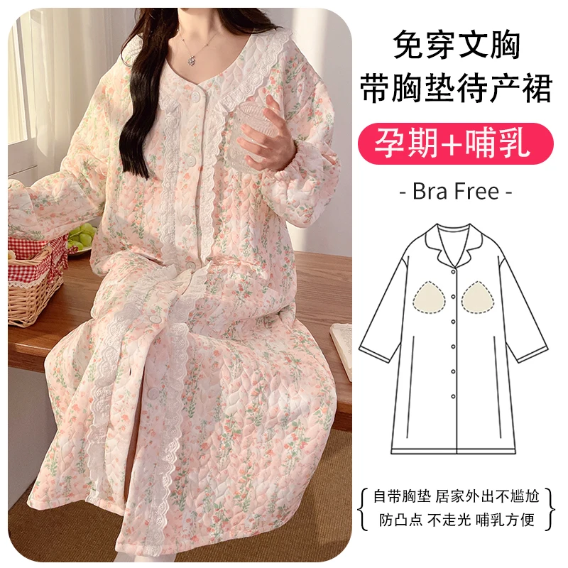 4XL Sweet Winter Lace Cotton Padded Nursing Night Dress Maternity Fall Loose Warm Feeding Sleepwear Pregnancy Homewear Hospital