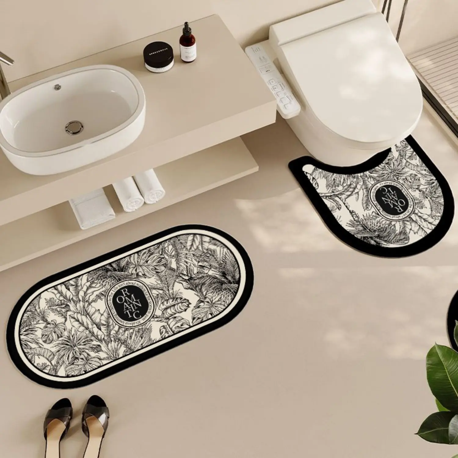 VIKAMA Retro Bathroom Diatom Mud Floor Mat Three-Piece U-Shaped Toilet Mat Toilet Absorbent Non-Slip Foot Mat Entrance Door Mat