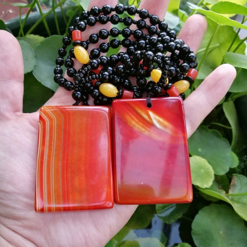 With Silk-Like Patterns, War Period Red Square Pendant Necklace, Agate No Worries Amulet Men