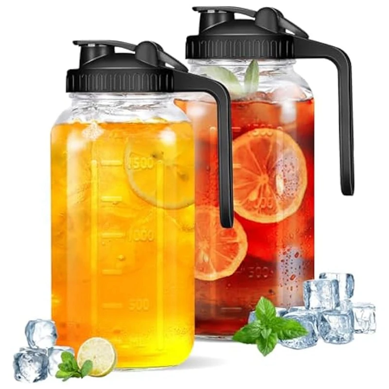 

Glass Pitcher With Lid-2Pcs Wide Mouth Mason Jar Pitcher,64OZ Leak-Proof Water,Breastmilk Pitcher With Pour Spout Lids