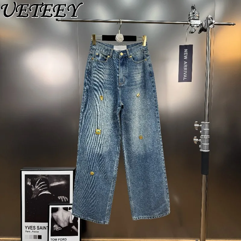 

Новые осенние прямые джинсы ручной работы с металлической пряжкой, украшенные средней талией и широкими штанинами, светло-голубые джинсовые длинные брюки, повседневные брюки