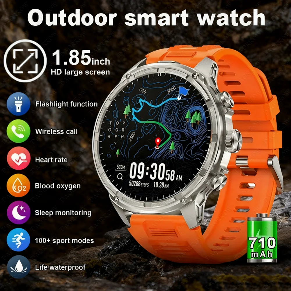

DAORKOW 710mAh outdoor Bluetooth call smartwatch, 1.85" high-definition large screen LED flashlight, 10ATM waterproof smartwatch