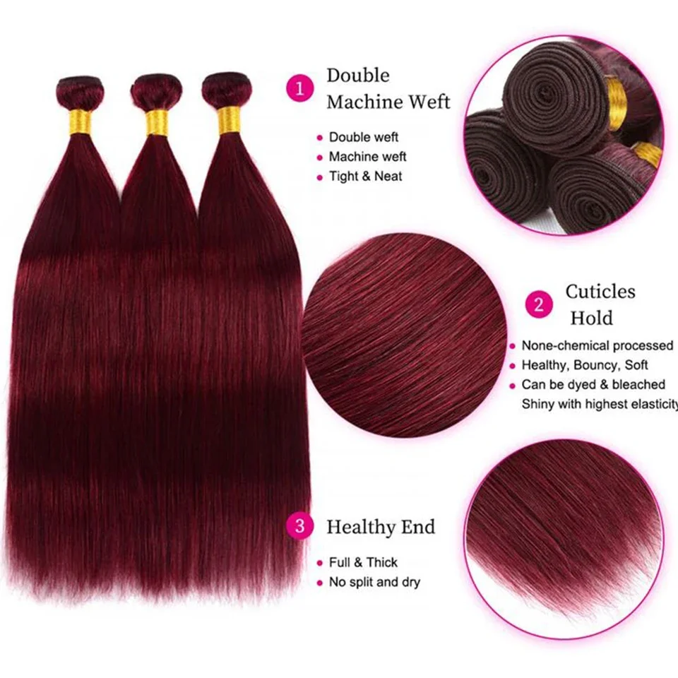 Debut Brazilian Straight Human Hair Bundles 1/3 Pcs Remy Weaving Red 99J Bone 14-28 inches  Straight Human Hair Extension