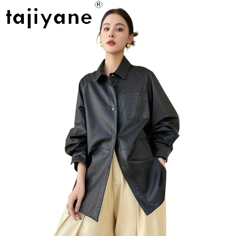 TAJIYANE Genuine Vegetable‑Tanned Sheepskin Leather Jacket Woman Mid‑Length Trench Coat Casual Loose Shirt 2026 Women Clothes 자켓