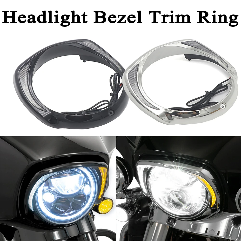 

With Amber Turn Signal LED Headlight Bezel Visor Trim Ring For Harley CVO Touring Electra Glide Street Glide Tri Glide 2014-Up