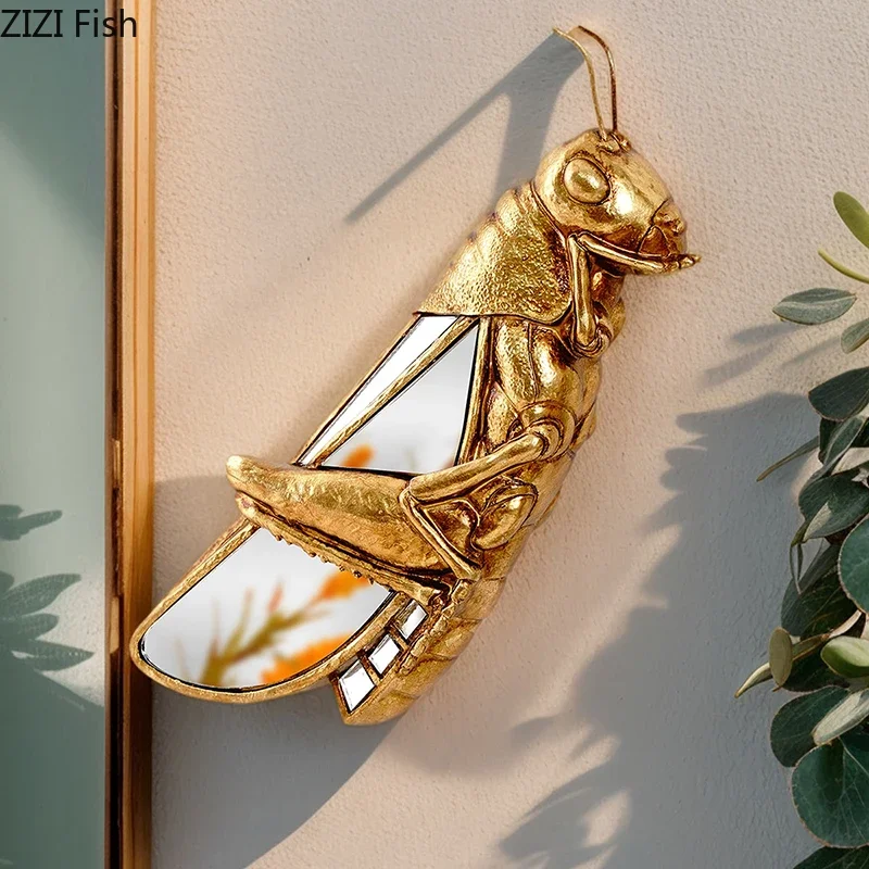 Golden Grasshopper Mirror Wings Wall Hanging Ornament Living Room Wall Background Display Locusts Insect Wall-mounted Decoration