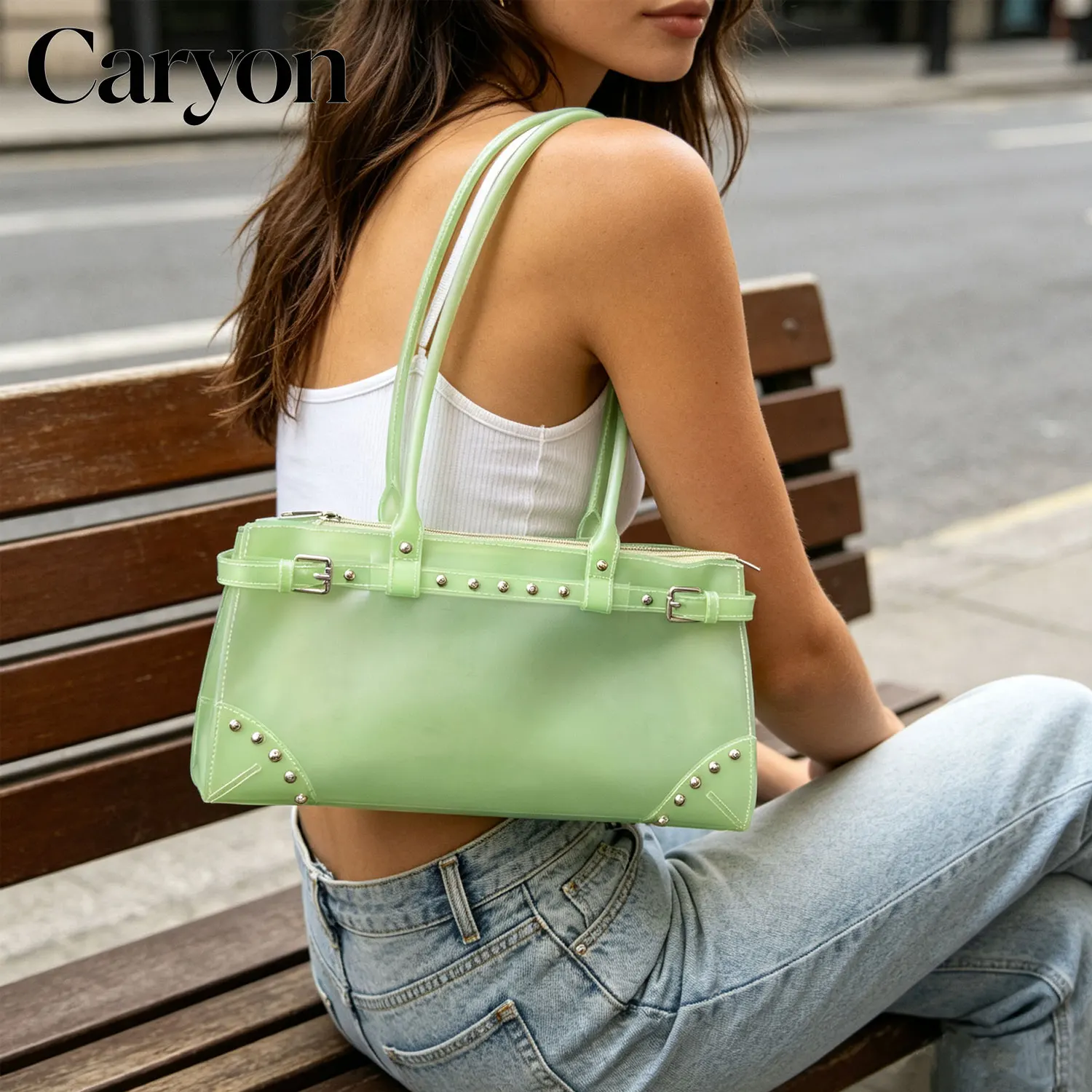 2026 Summer Underarm Jelly Handbag Plastic TPU Transparent Y2K Korean Vintage Zipper Rivet Buckle Motorcycle City Shoulder Bag