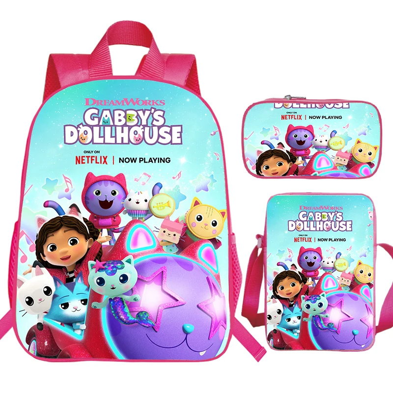 3pcs Set Gabby\'s Dollhouse Prints Backpack for Primary School Girls Pink Bag Pack Cute Gabby Bookbag Softback Kids School Bags