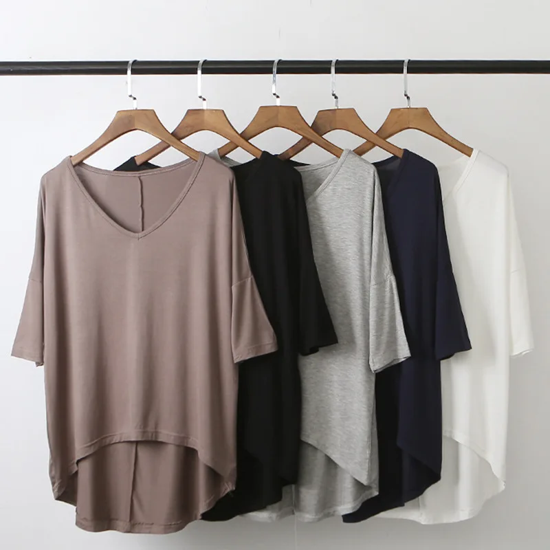 

Summer Girls Grey T-shirt Female Casual V Neck Top Oversize Bat Sleeve Loose Tshirt Women Modal Loose Undershirt Ladies Tops