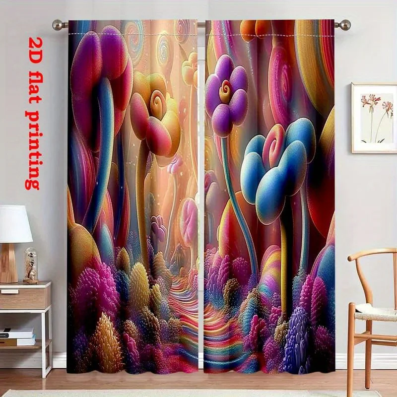 Colorful Abstract Flower Curtain, Psychedelic 3D Art Print Drape, Vibrant Fantasy Plant Window Treatment for Living Room Bedroom