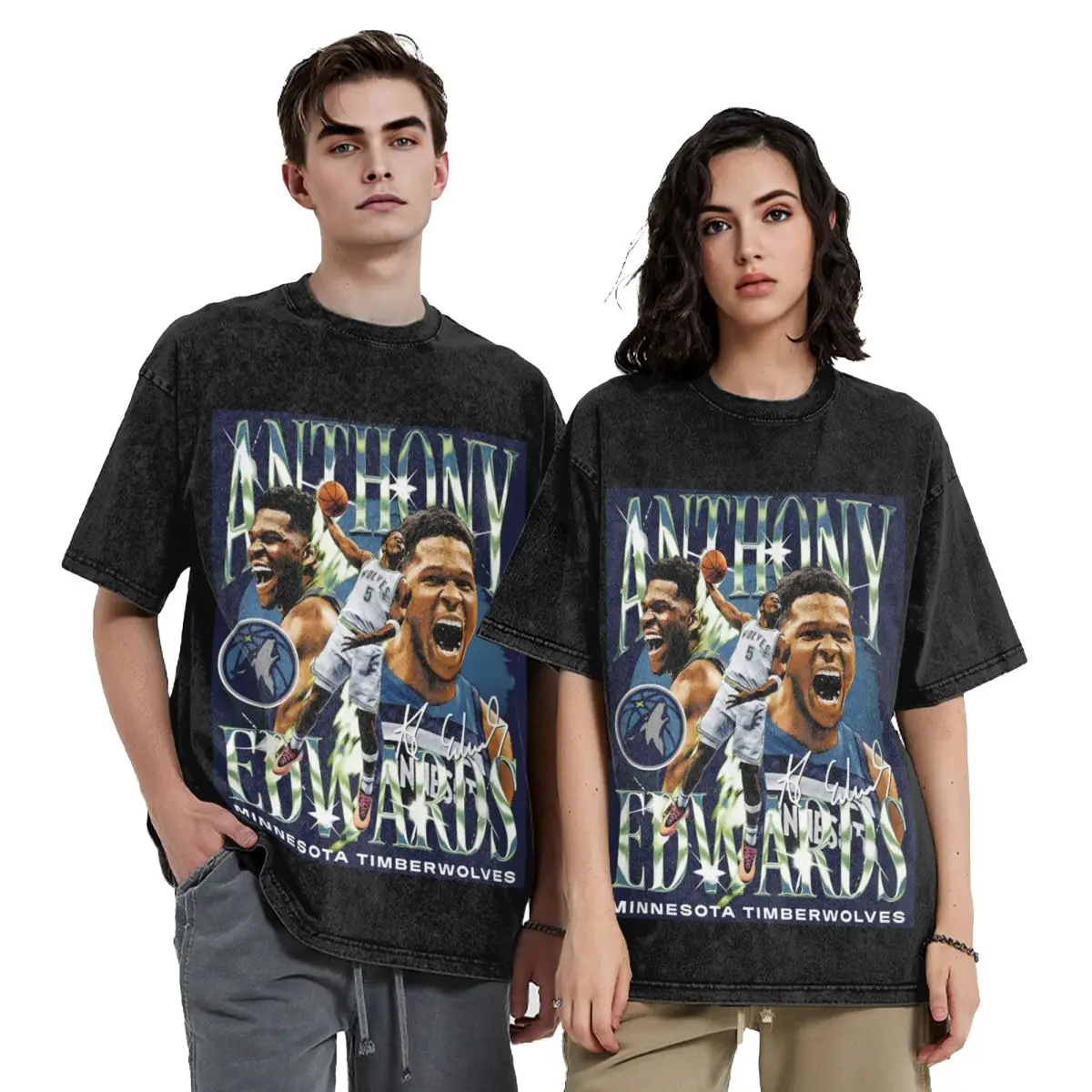 Anthony Edwards Minnesota Basketball Hip Hop Short Sleeve T-Shirts Washed Tops Tees Streetwear T Shirt Oversized for Men woman