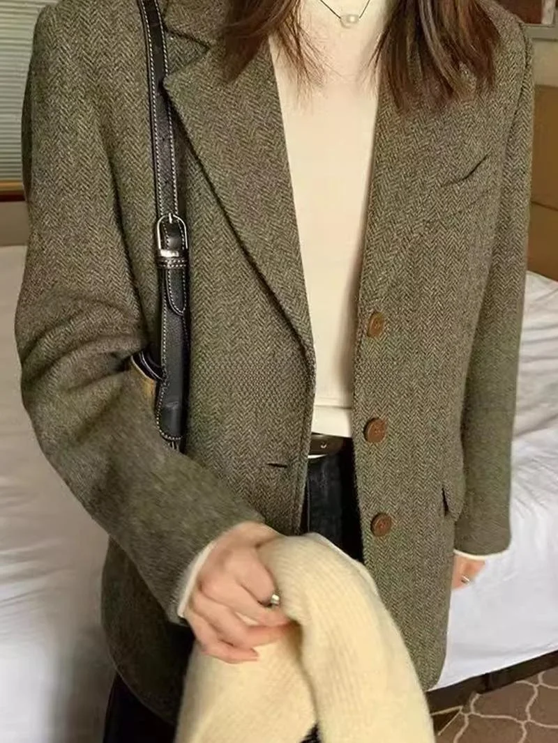 

ROUJE KEFSS Premium Woolen Suit Jacket Women's Autumn New Plaid Woolen Coat Long Sleeve Formal Style for All Body Types