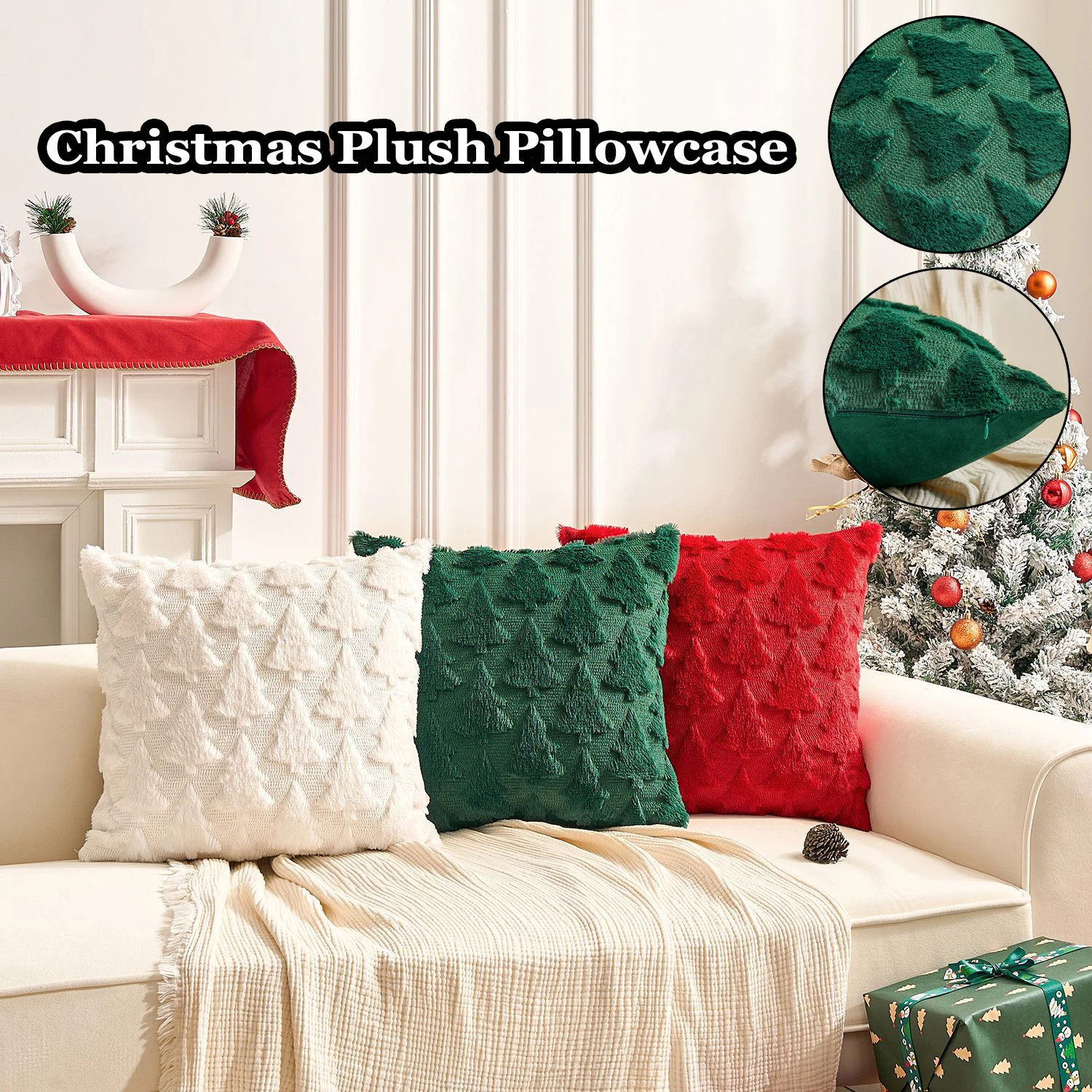 

Christmas Theme Throw Pillowcase Cojine Christmas Tree Red Green White Embroidered Sofa Cushion Cover Decor Home 45x45cm