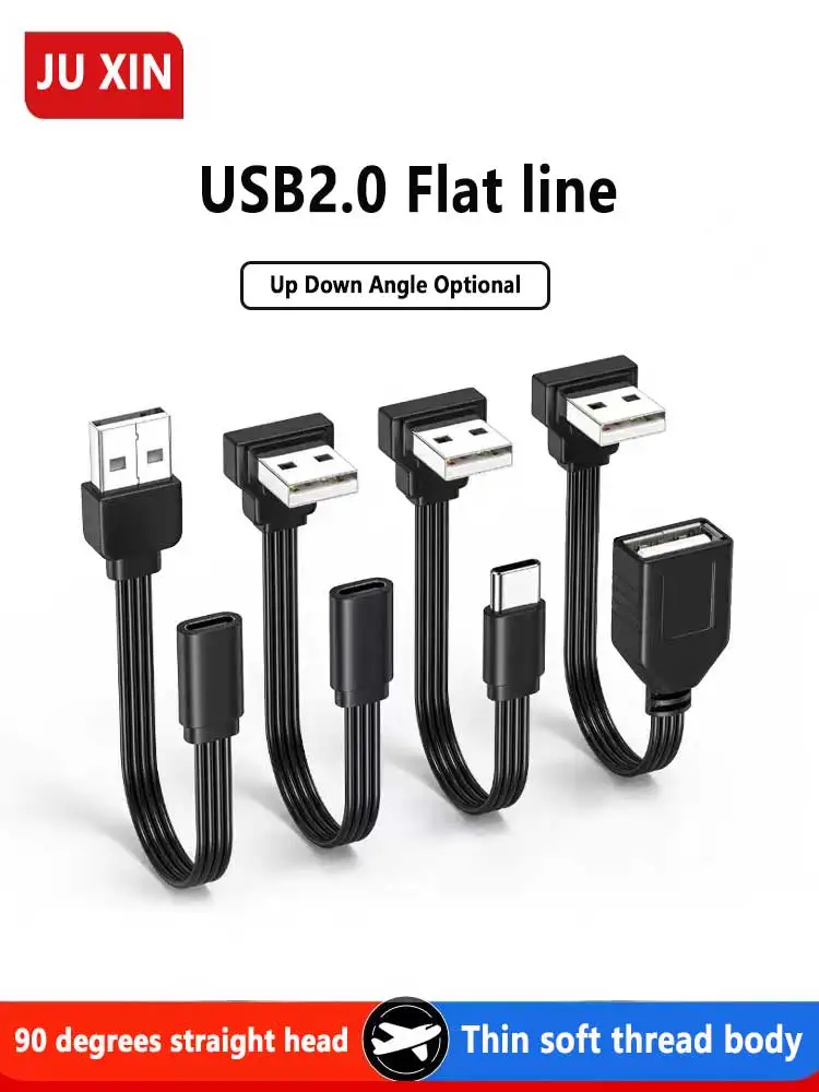 90 Degree USB Extension Cable Short, Right Angle USB Male to Female Cable Flat  USB Adapter Extender Cord Using 4-core 26AWG