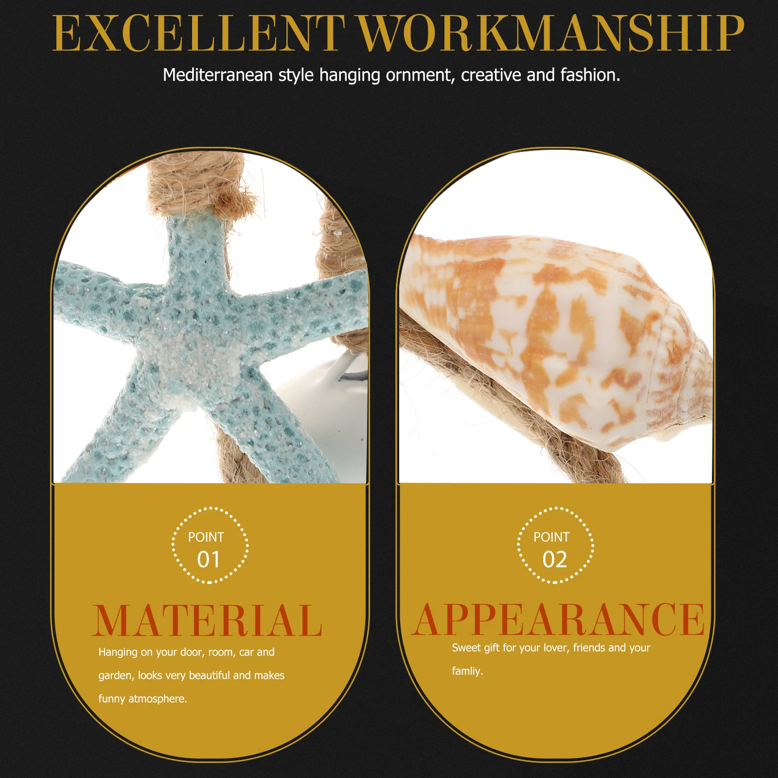 

2Pcs Mediterranean Style Hanging Ornament Hemp Rope Bells Sea Star Vintage Marine Decor White Sky-Blue Creative Gift Home Car