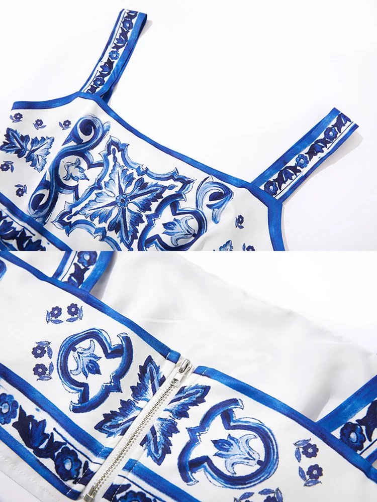 Imagem -04 - Conjunto Feminino de Duas Peças de Porcelana Azul e Branca Estampa Floral Top Curto Ternos de Saia para Férias Passarela de Verão 2023