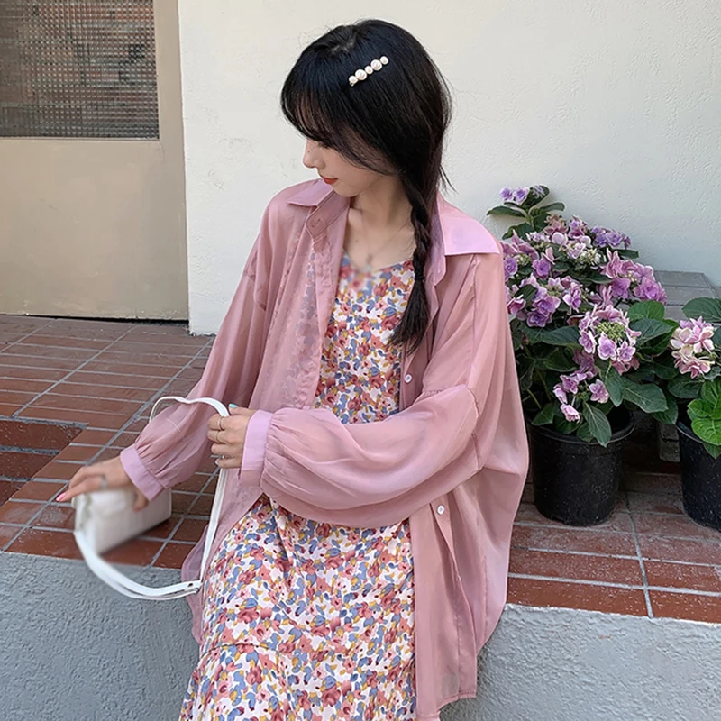 Women's Loose Fitting Long Sleeved Thin Sun Protection Shirt Chiffon Shirt Outerwear Spring Fall Shirt Top