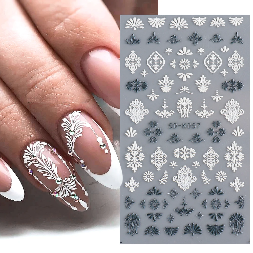 5D Acrylic Nail Sticker Engraved White Flower Sliders Embossed Lace Wedding Nail Art Design Monogram Decals Manicure GL5D-K-1