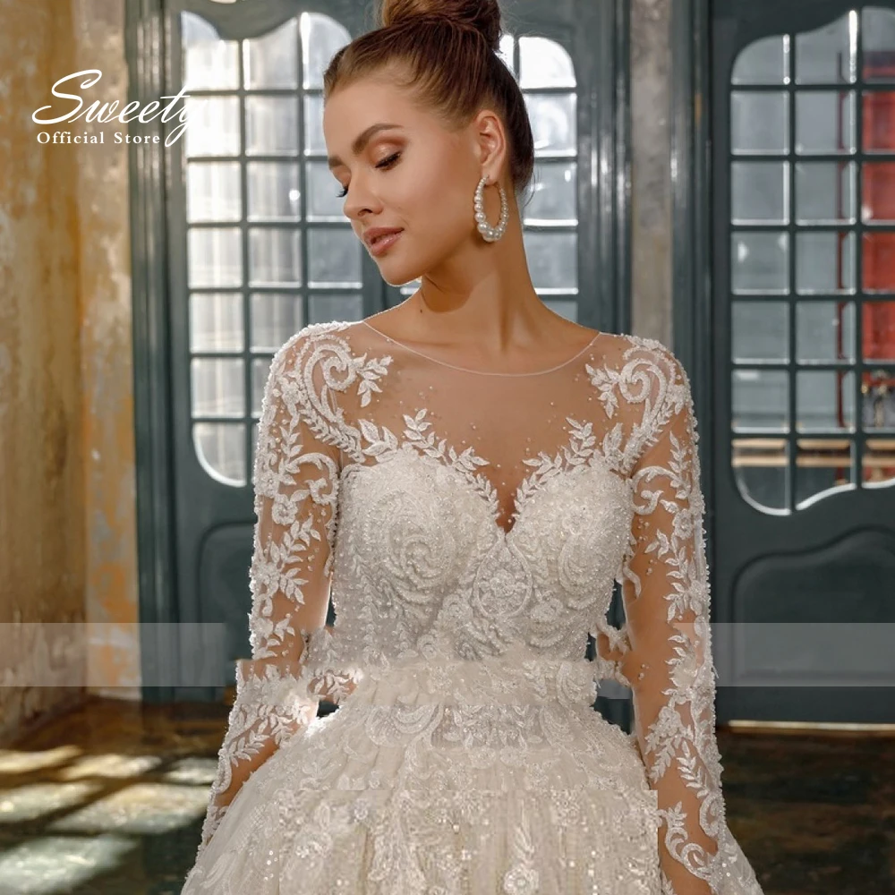 

Glitter Wedding Dress Organza With Embroidery Bead Ball Gown O-Neck Fullsleeve ​Bridal Gown Lace Up Vestido De Novia Customized