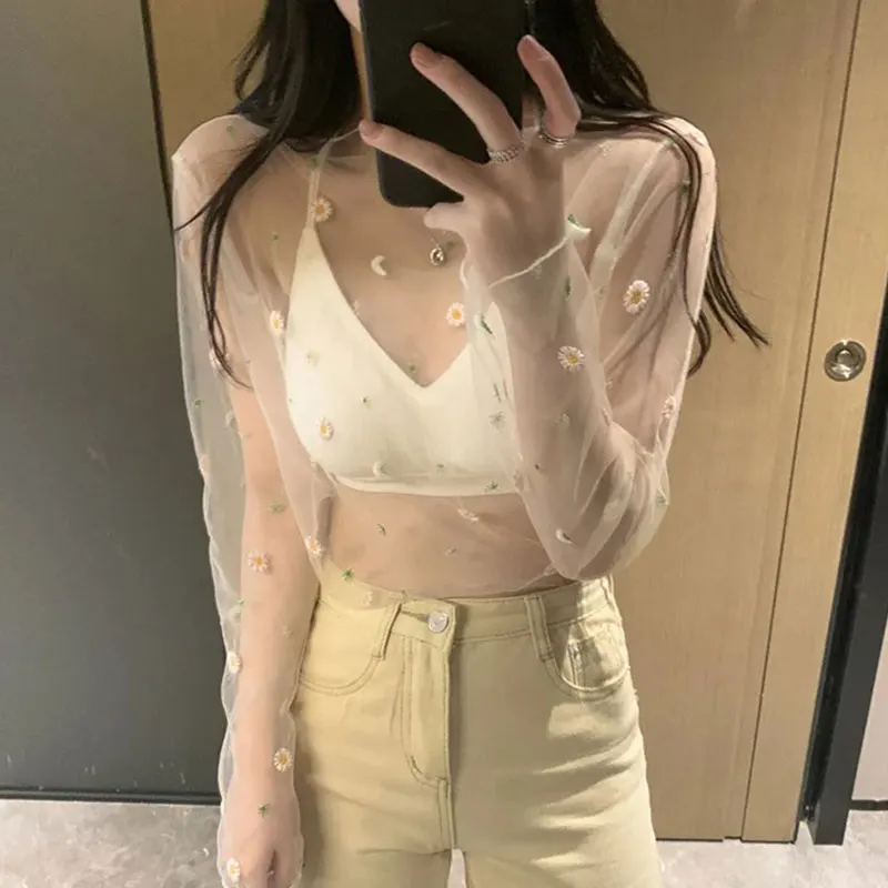 Sexy Women Transparent Mesh Tops Lace Long Sleeve Sheer Slim Ladies Turtleneck Floral Daisy T-shirts See Through Tees New Tops